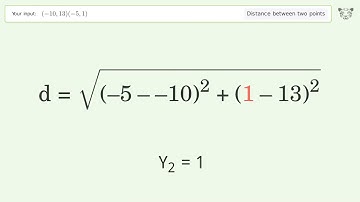 Find the distance between two points p1 (-10,13) and p2 (-5,1): Step-by-Step Video Solution