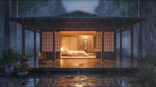 Gentle Rain on the Open Bedroom — Dark Japanese Forest Night | 12 Hours Deep Sleep
