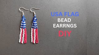Usa Flag Beaded Earrings, Seed Bead Earrings With Bead Fringes Tutorial