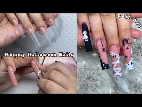 EASY HALLOWEEN NAIL ART🎃 LONG NUDE POLYGEL NAILS | Nail Tutorial For Beginners