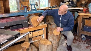 Richard Raffan converts pear logs to roughed bowls.