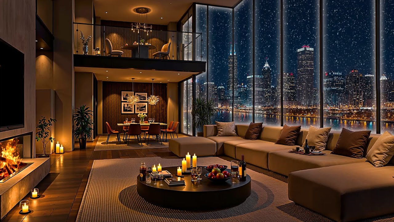 Chicago Winter Night ❄ Luxury Riverside Apartment Ambience & Soft Jazz Saxophone Music for Sleeping