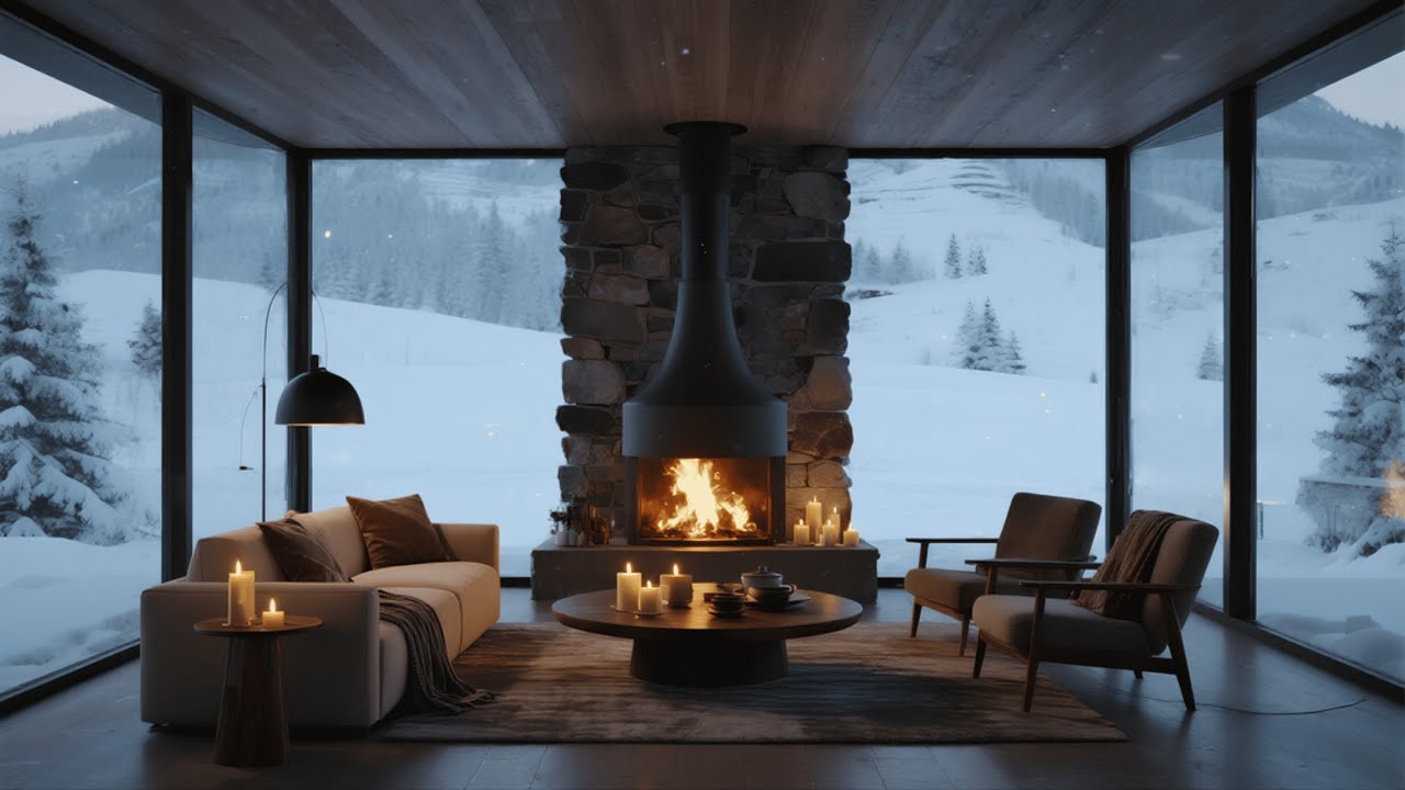 🔥❄️ Peaceful Winter Night | Snowy Modern Cabin Fireplace Ambience for Relaxation