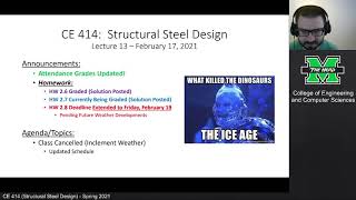 CE 414 Lecture 13: Schedule Update - Inclement Weather (2021.02.17)