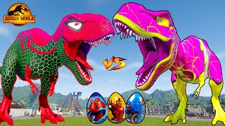 One Spiderman TRex vs Other Big Colorful Dinosaurs in Jurassic World! IRex vs TRex Dino Fight!
