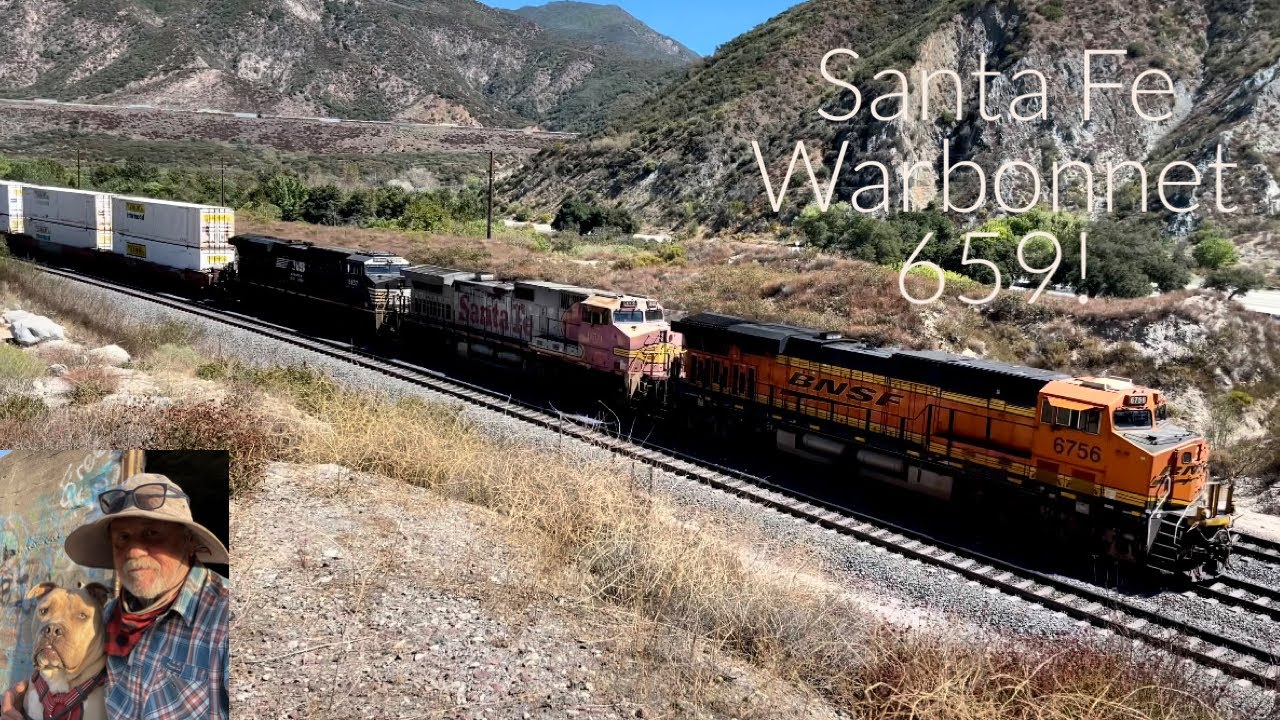 Santa Fe Warbonnet 659! BNSF Q Train At Beautiful Blue Cut. WB milepost 65 Cajon Subdivision. 4KHDR