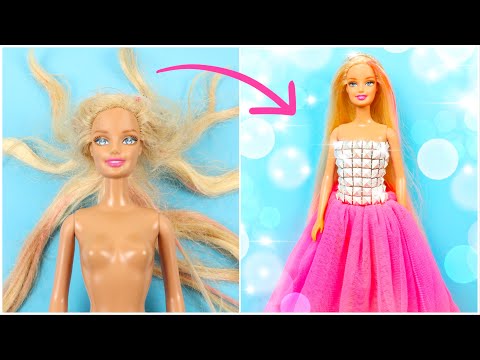 ETKİLEYİCİ BARBIE DÖNÜŞÜMÜ | Saç Düzeltme,Kıyafet Yapımı,Pembe Elbise ~ DIY Barbie Hairstyle Clothes