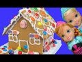 Gingerbread house BUILDING ! ELSA, ANNA toddlers use icing and candy