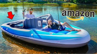 River Fishing Challenge w/ $500 INFLATABLE Boat from Amazon ( it floated away !! )