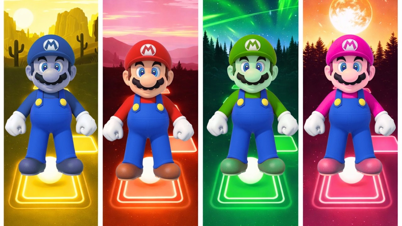 Blue Mario Vs Mario Vs Green Mario Vs Pink Mario | Tiles Hop EDM Rush