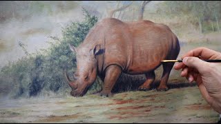 How to paint a wildlife scene - painting a rhino in its natural habitat