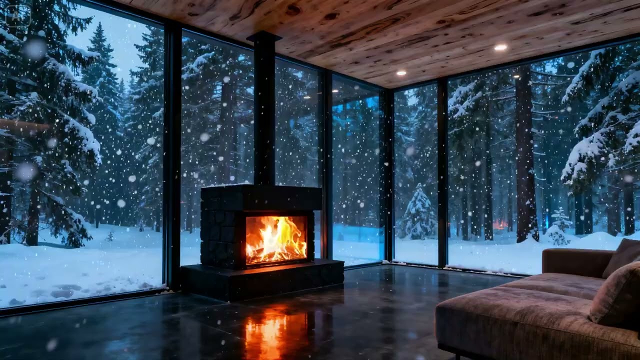 Modern Forest Lounge in the Snow ❄️🔥 Fireplace Glow and Peaceful Night