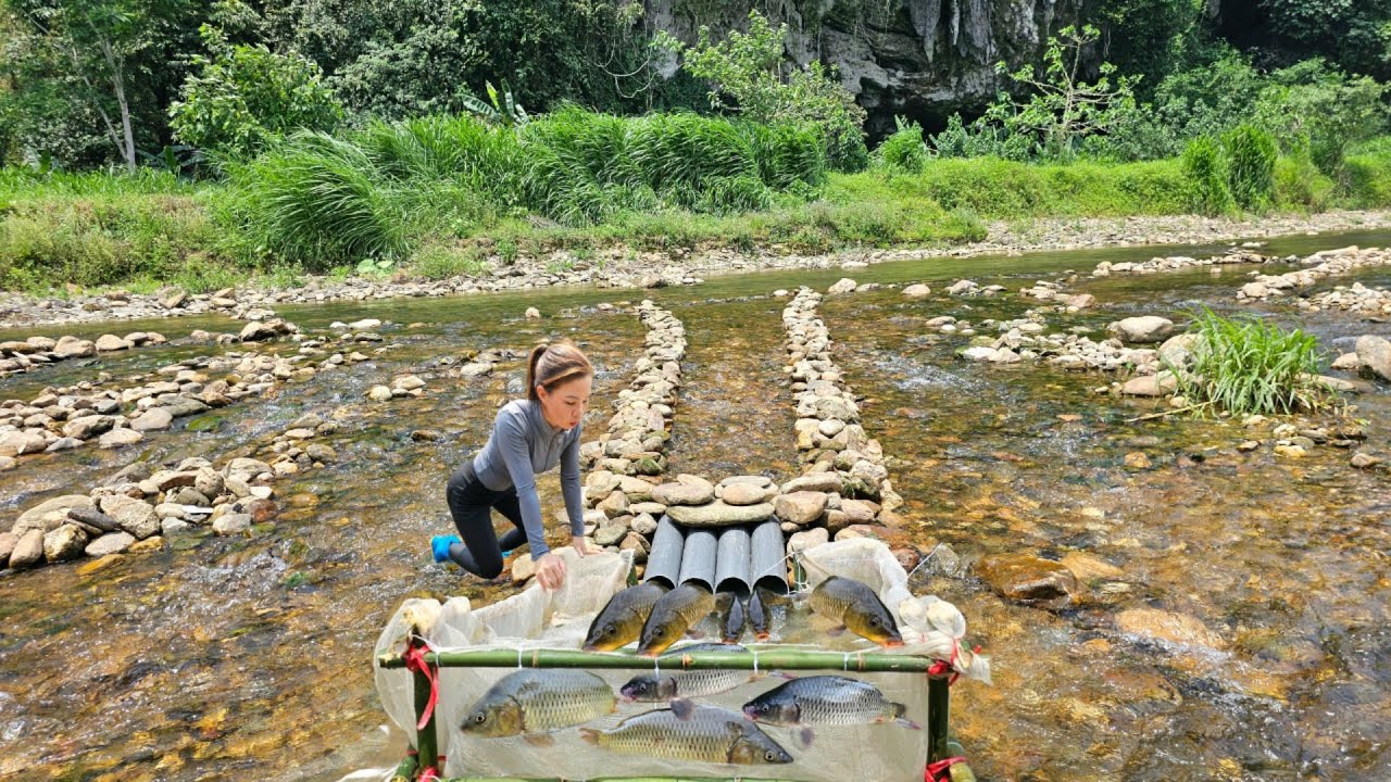 Ana used PVC pipe and white net to make a fish trap in the stream ...