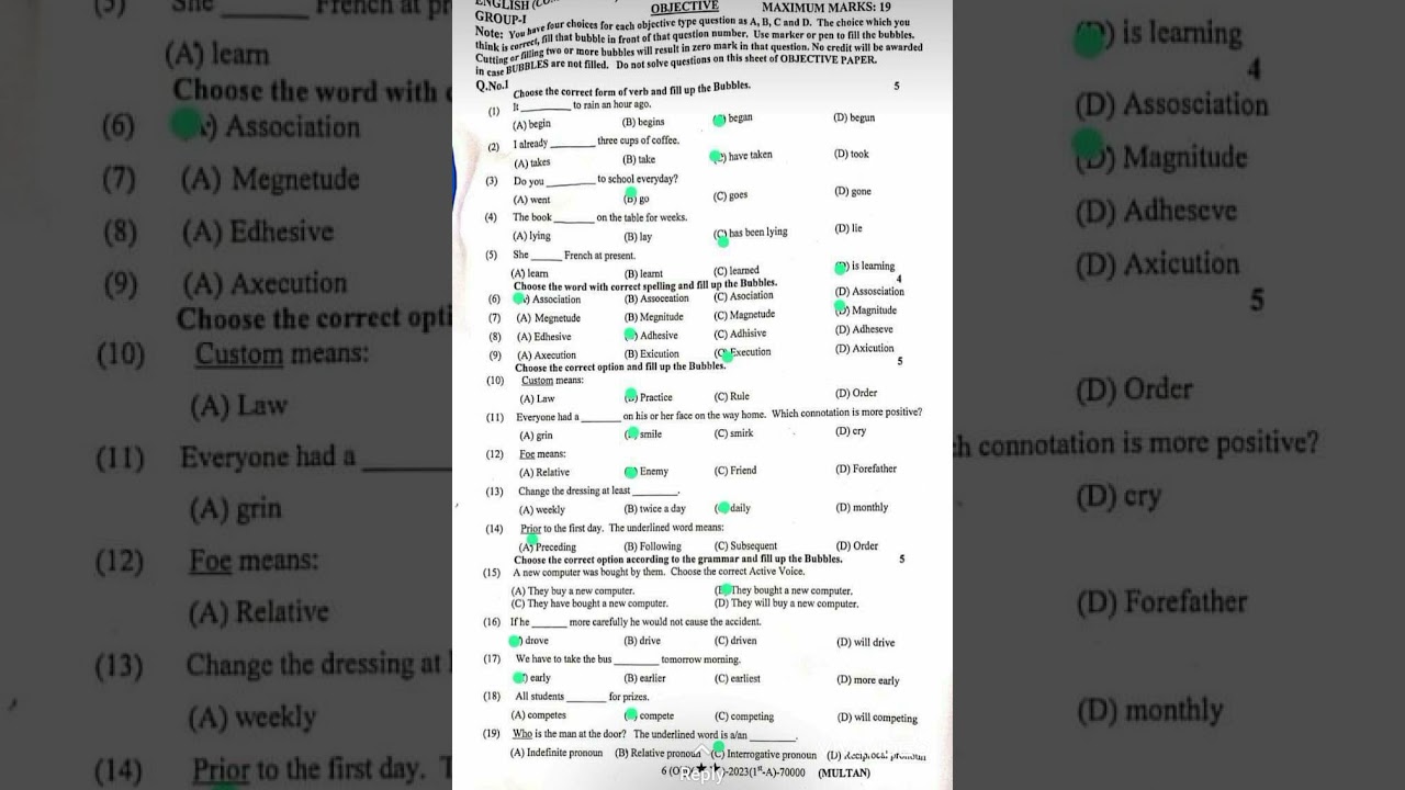 10th Class English Objective Paper Group 1 Multan Board 2023