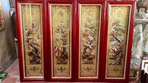 Tranh Tứ Quý Bằng Đồng . Khung Gỗ Nền Vàng Kích Thước 40x1m2 Được Làm Thủ Công Bằng Tay 100%
