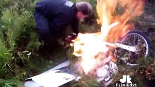 Motocross crashes and catches fire!