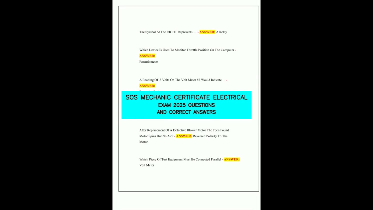 SOS MECHANIC CERTIFICATE   ELECTRICAL EXAM 2025 QUESTIONS  AND CORRECT ANSWERS video