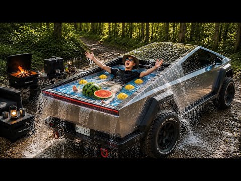Camping in a Cybertruck Truck-Bed Pool 🏊