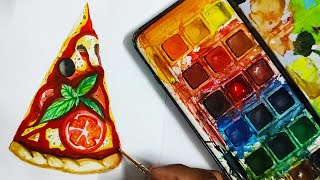How to paint Pizza slice🍕Food Illustration | Paint with me | Watercolor speed painting| Khushi Gamre