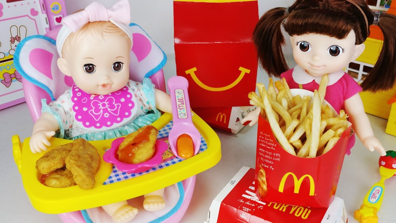 McDonalds Chicken Nuggets Food And Taking Care Of Baby Doll Cute Chair