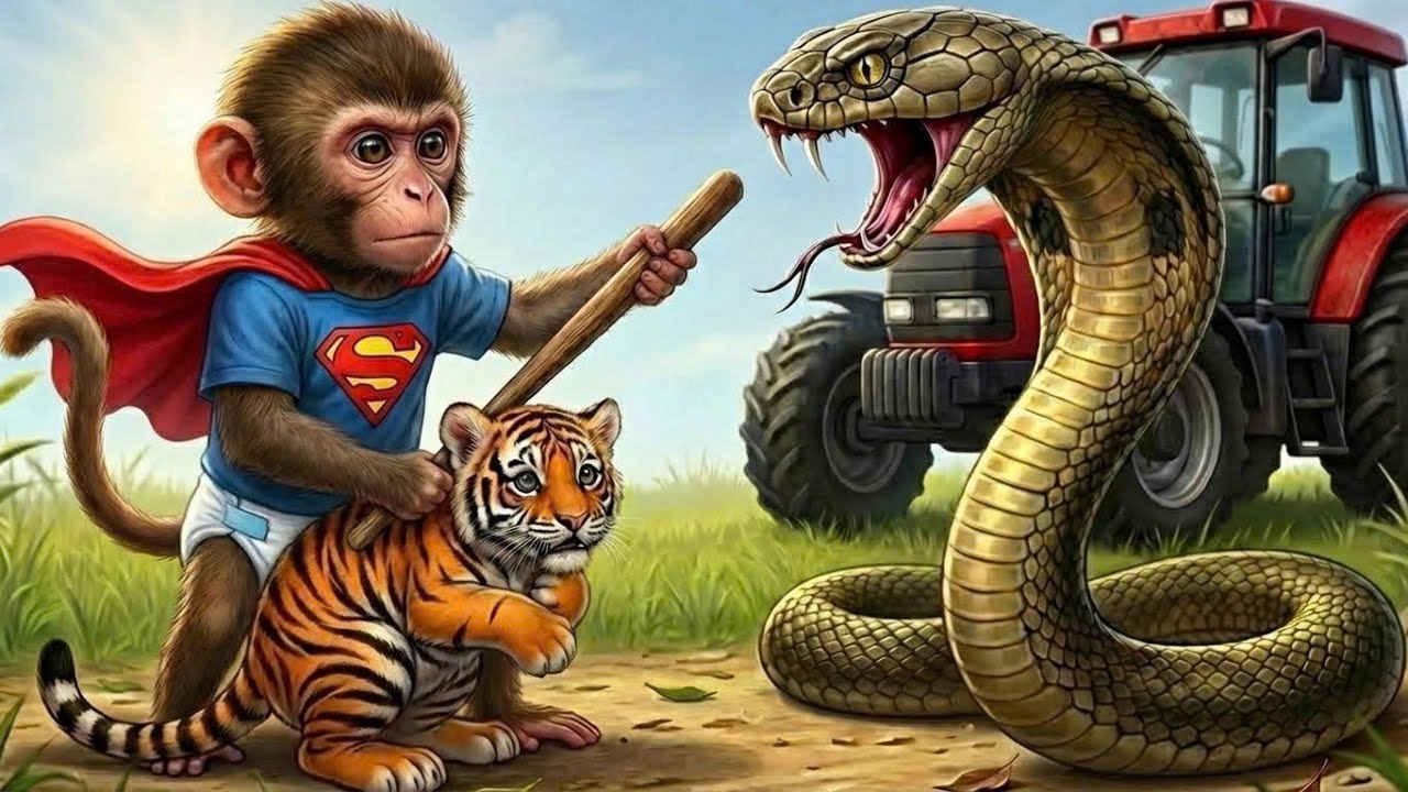 🐒 Brave Monkey Saves Injured Baby Tiger from Giant King Cobra!🐯 🐍 - Monkey Videos