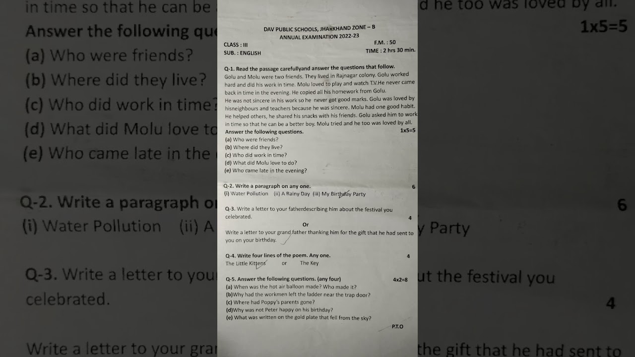 DAV PUBLIC SCHOOL CLASS 3 THREE ENGLISH FINAL ANNUAL EXAMINATION QUESTION PAPER