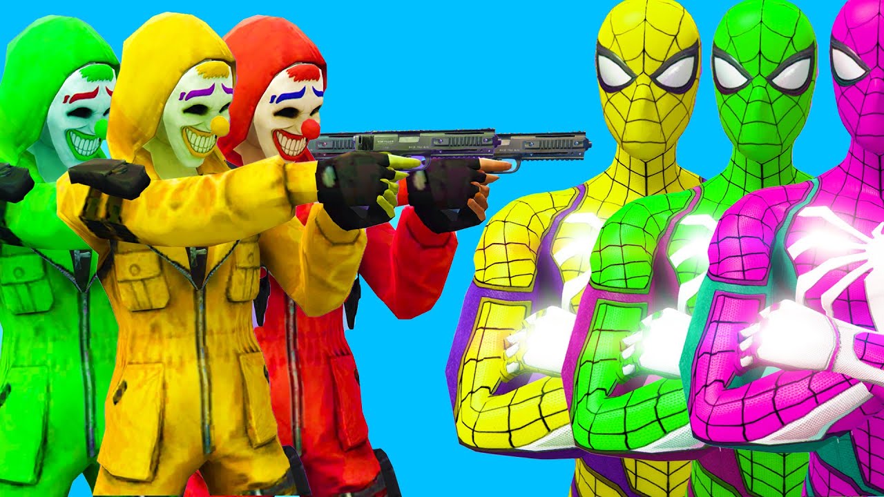 Spider-Man, Green Spiderman, Blue Spiderman, Yellow Spiderman VS Red Criminal Army ep.3