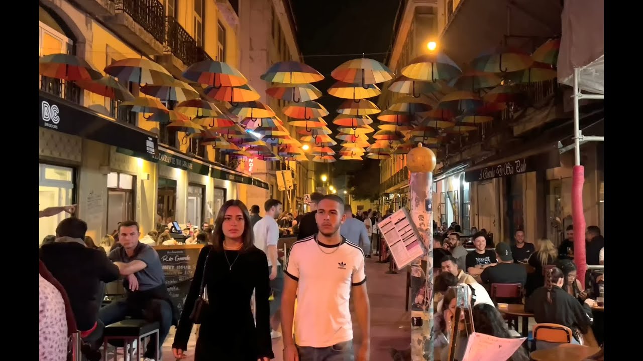 Lively Umbrella Street (aka Pink Street), Lisbon Night Scene YouTube