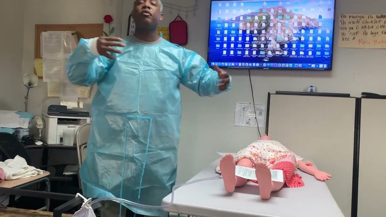 Jean Edouard Brutus: Donn Gown/Gloves, empty catheter/measure output, Doff Gown/Gloves