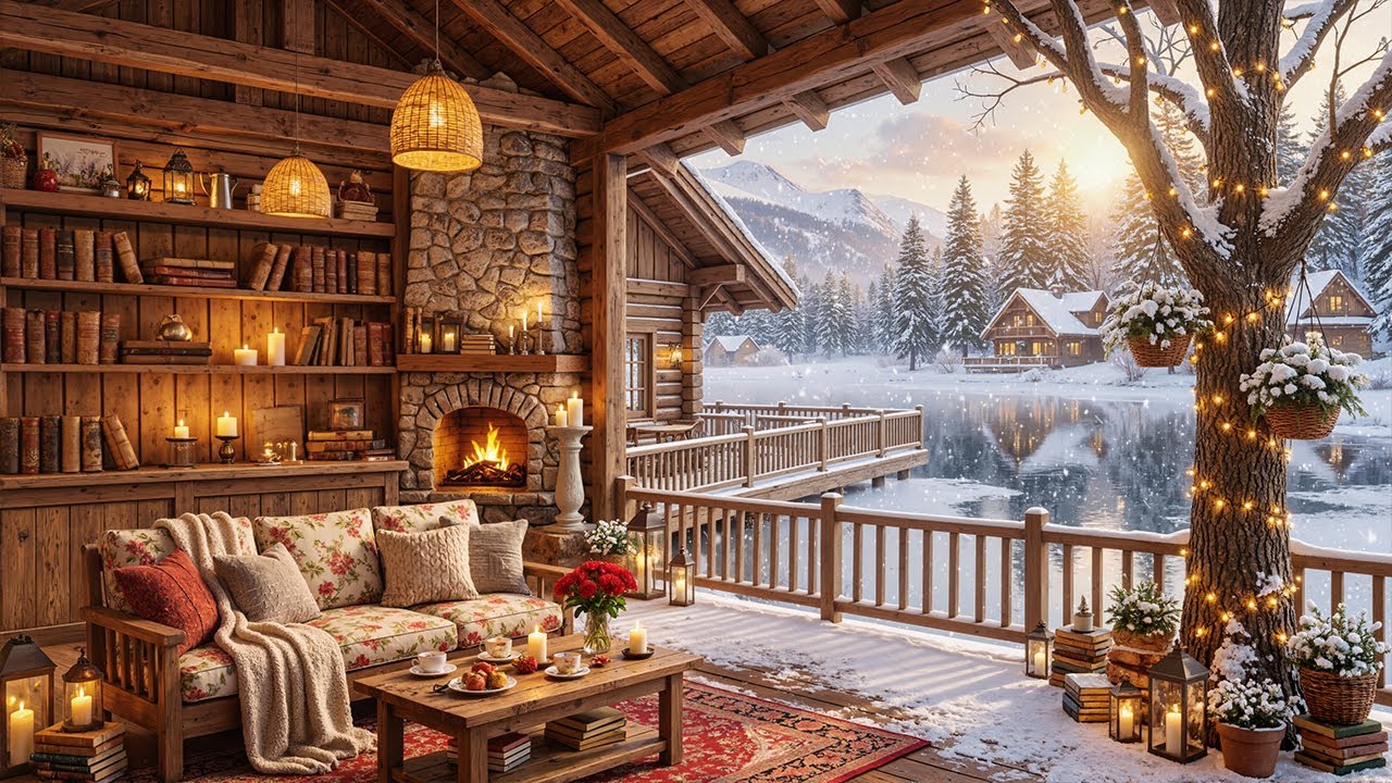 Tea Time on a Winter Porch ❄️ Fireplace Sounds, Soft Jazz Music & Snowy Morning Ambience