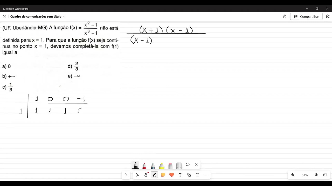 (UFU-MG) A função f(x) = (x² - 1)/(x³ - 1) não está definida para x = 1. Para que a função f(x)