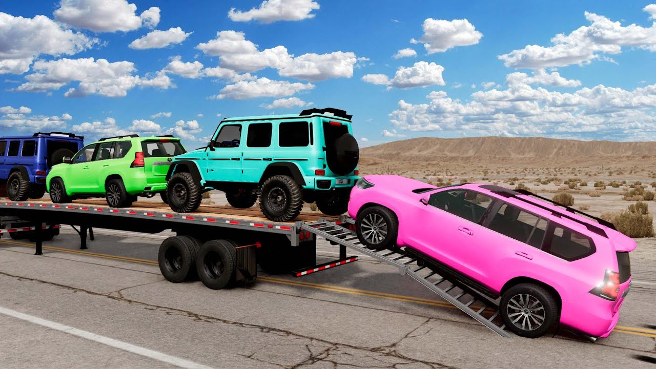 Triple Flatbed Trailer McQueen Transportation with Truck - Speedbumps vs Cars vs Train #16 - BeamNG
