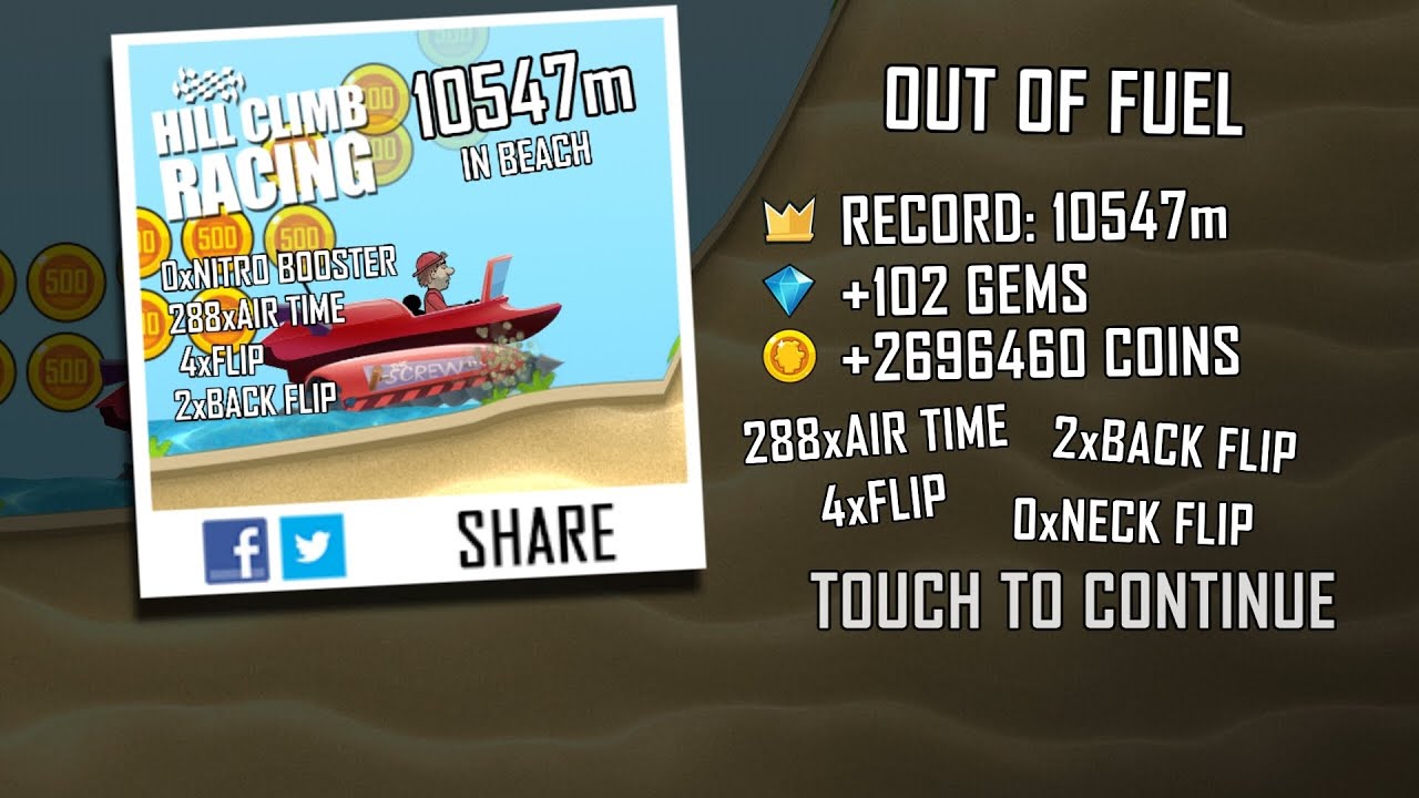 Hill Climb Racing: 10547m in Beach on Finger Screw (no boosters, no pets)