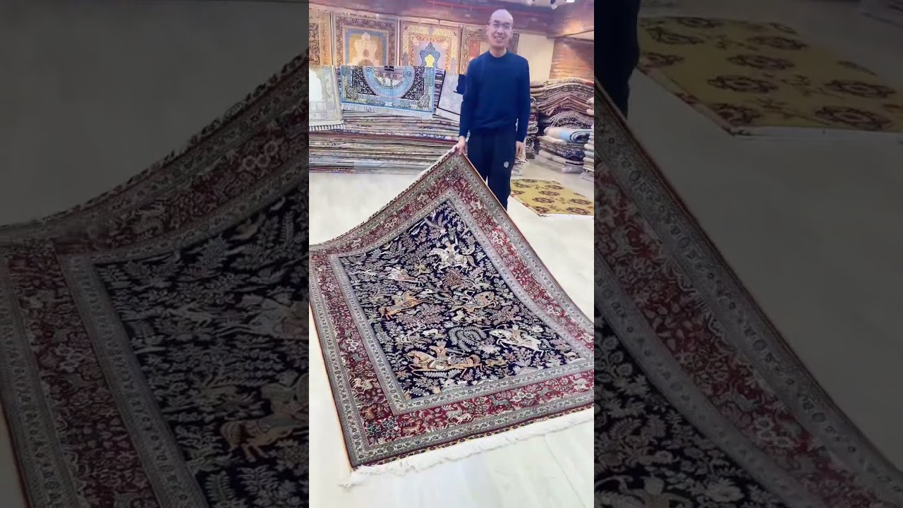 Persian hunting design handmade silk rug for sale