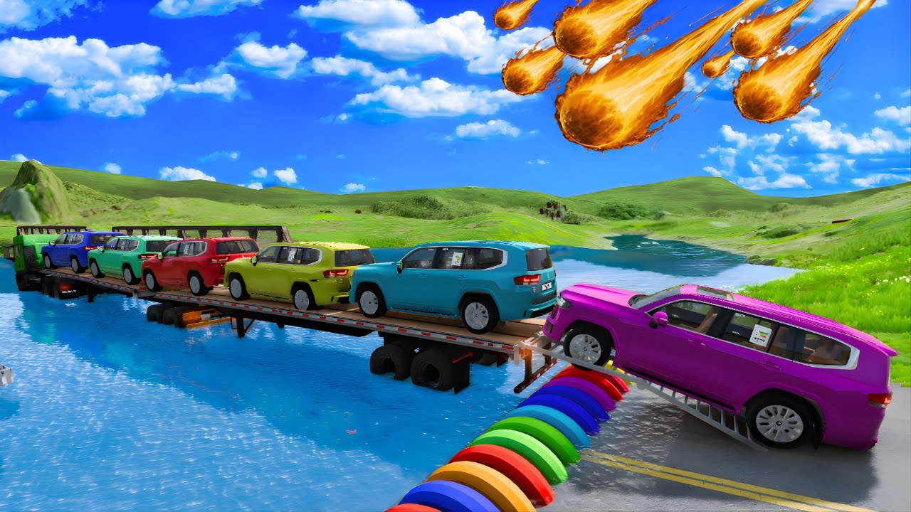 Triple Flatbed Trailer Truck vs Speedbumps, Cars & Train – McQueen Transport | BeamNG