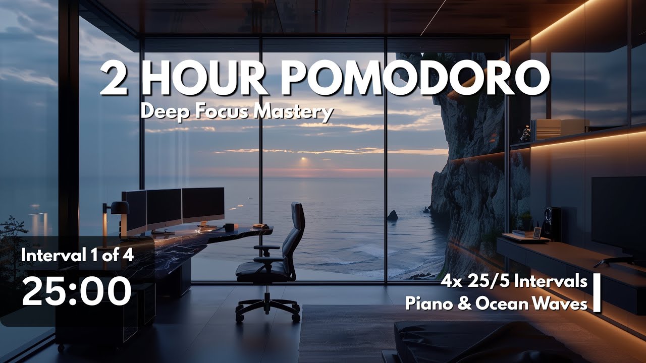 Pomodoro ADHD Focus | 25 / 5 Intervals | Piano & Ocean Waves | 2 Hours Deep Focus Mastery