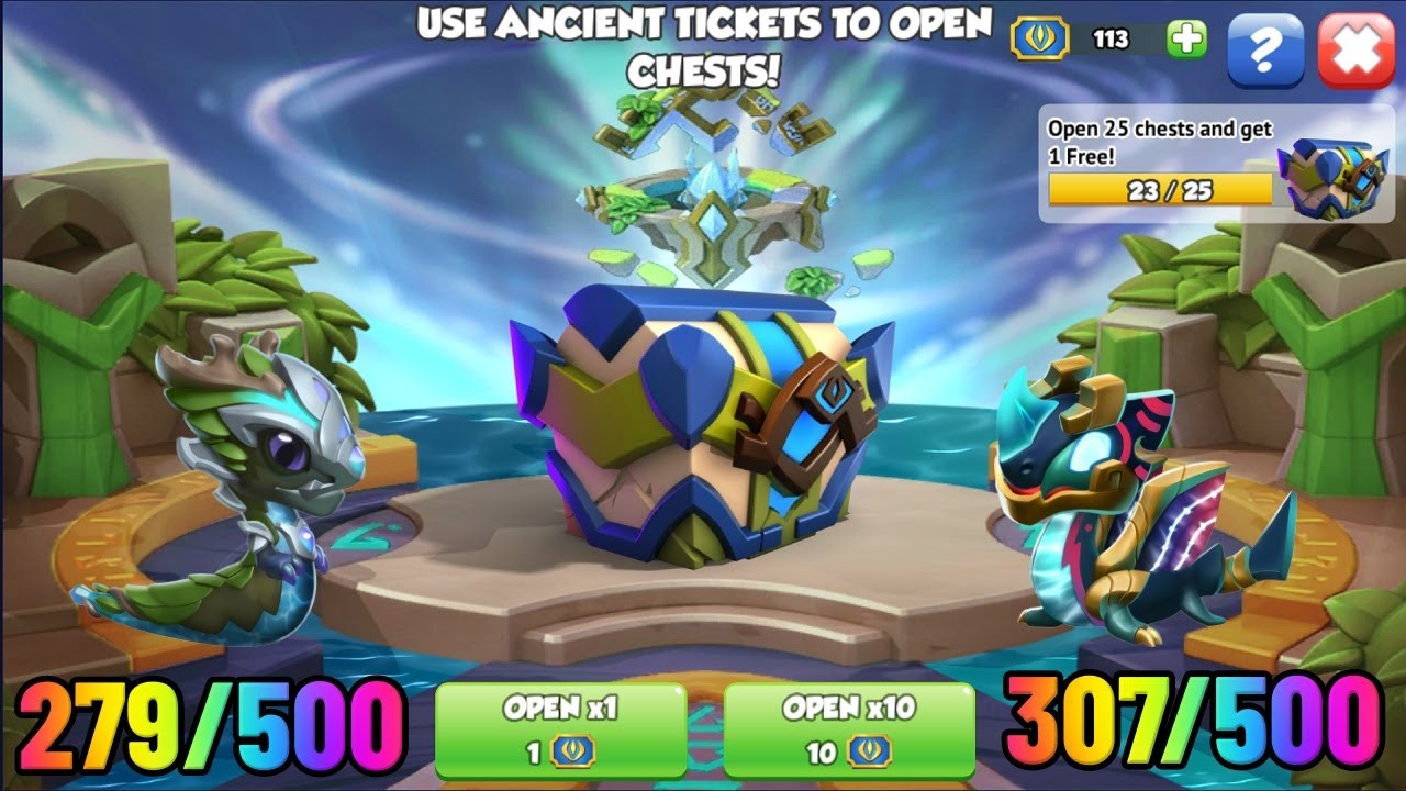 Opened 113 Ancient Water Tickets | 307/500 Oi'ra, 279/500 Íolhan Dragon | Dragon Mania Legends