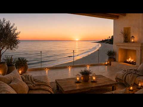 Cozy Beachfront Balcony at Sunset 🌅 Fireplace & Ocean Waves (3 Hours)
