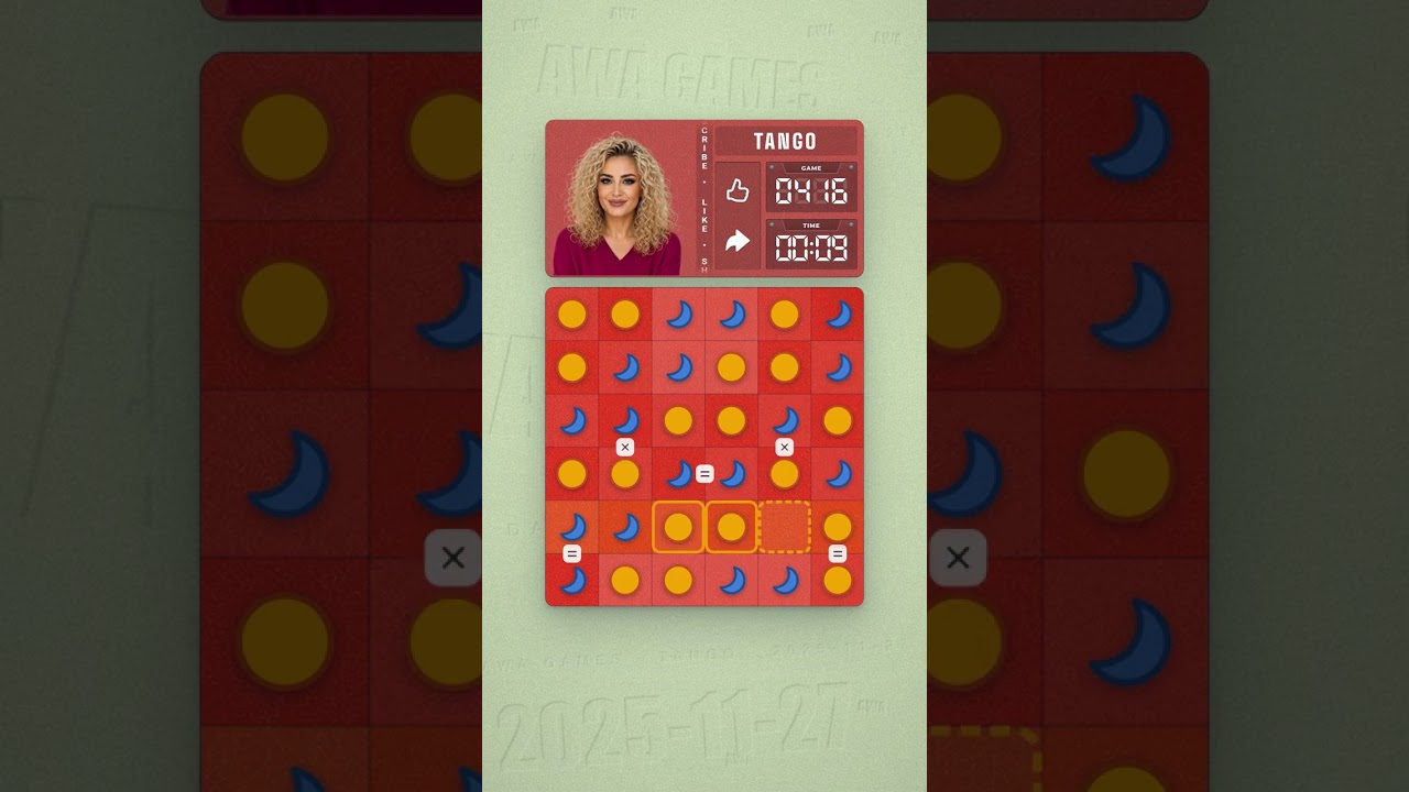 LinkedIn Tango #416 solved board for November 27, 2025, 6x6 grid