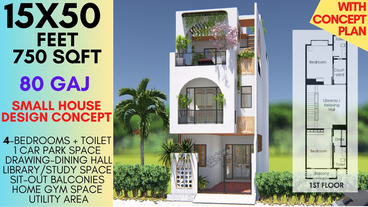 15X50 Feet | 750 sqft, Small Row House Plan with Library & Home Gym | 80 Gaj | ID-221