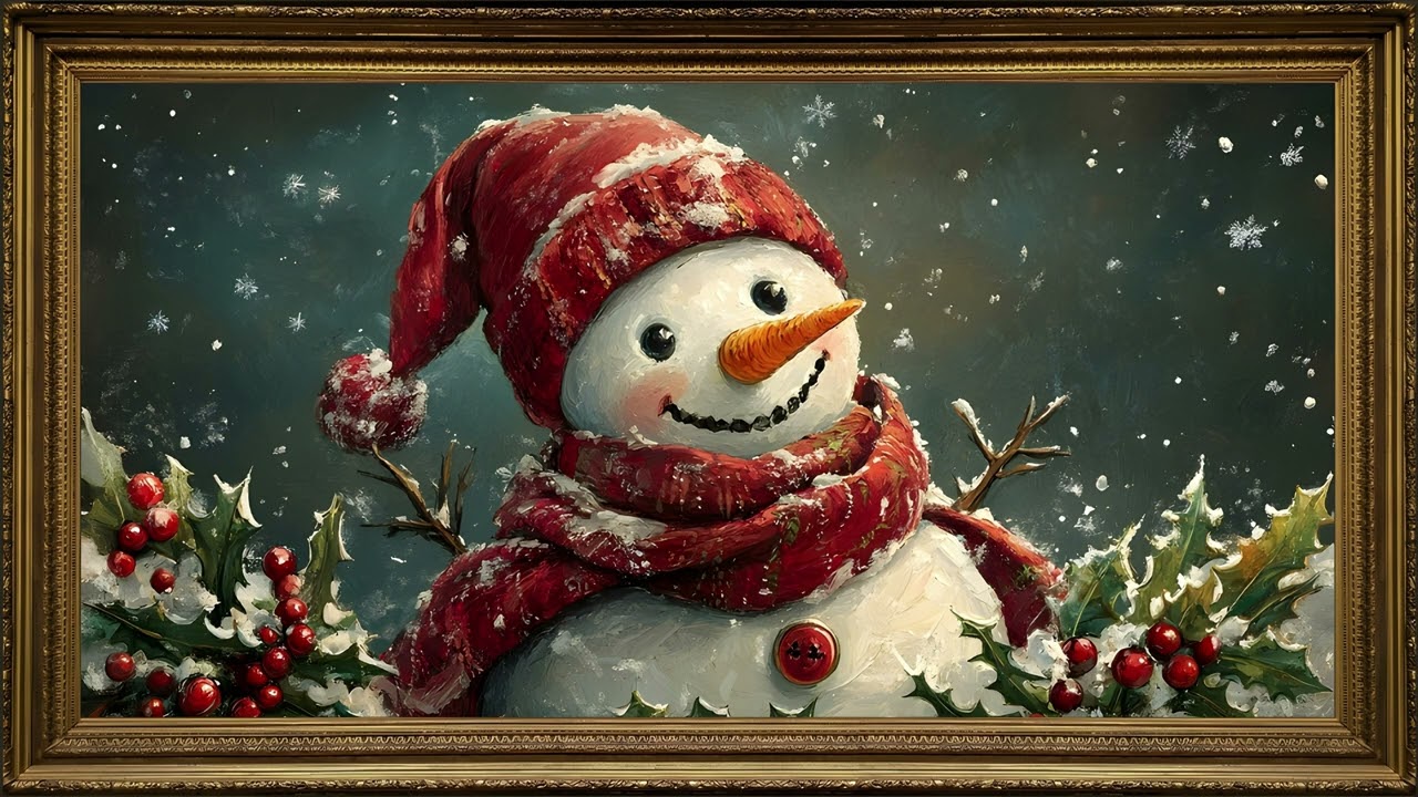 Frosty’s Holiday, Vintage Oil Painting | 4K Framed TV Christmas Art Screensaver