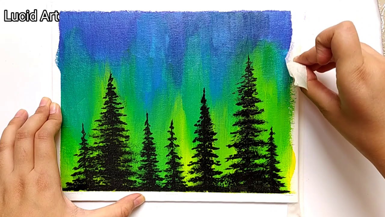 Easy Acrylic Painting For Beginners Northern Lights Forest Acrylic
