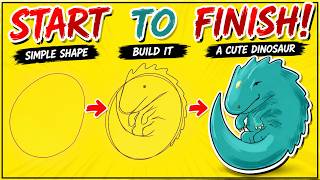 How to draw From Simple shape to A cute Dinosaur - From start to Finish