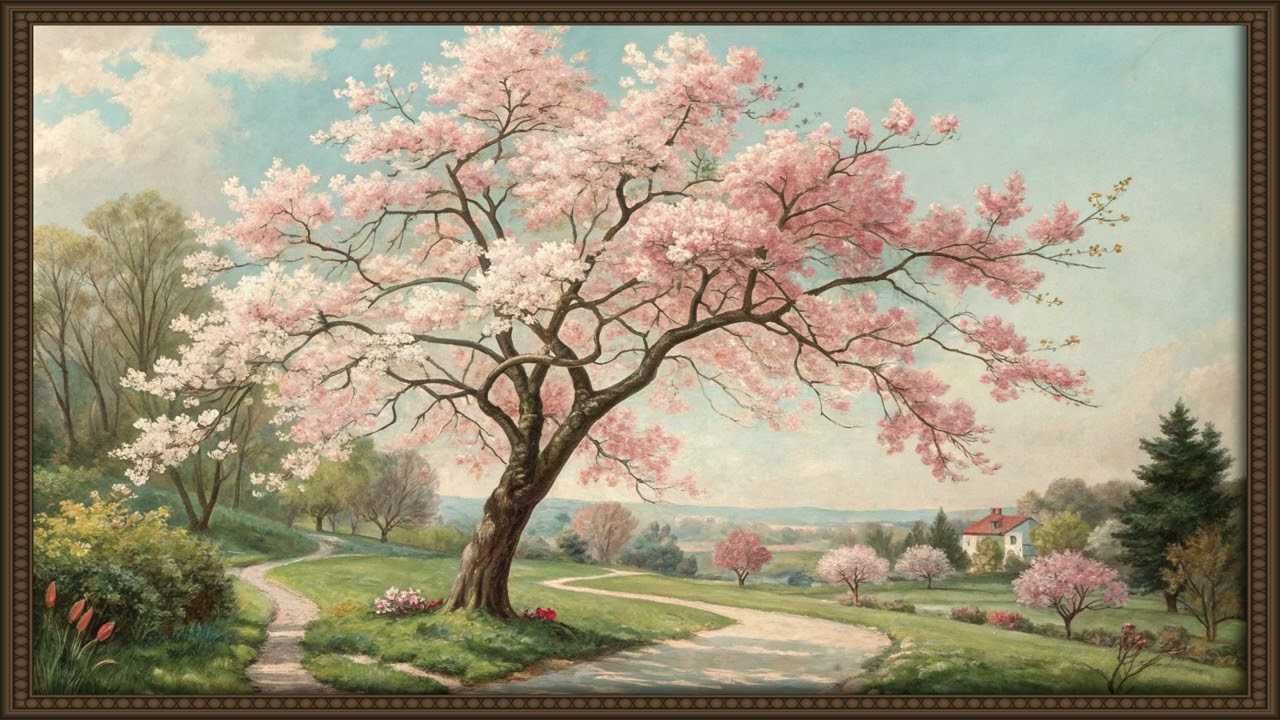 Vintage Digital Art Frame | TV Wallpaper - Pink Flowers Tree - Art Frame Screensavers -  Art for TV