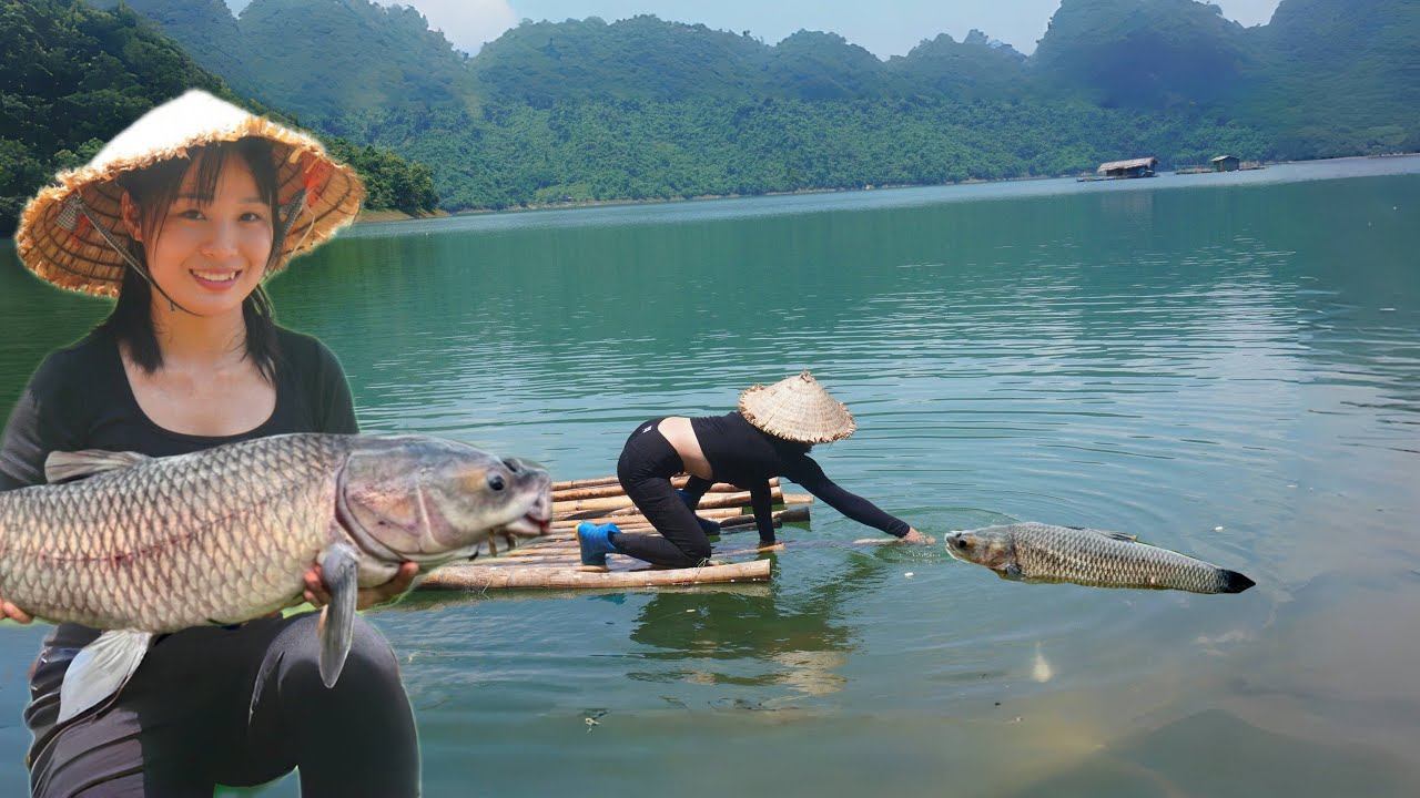 Catching fish on a big lake. How the girl spreads a net to catch fish ...