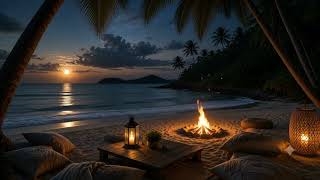 Moonlit Beach Night Ambience 🌙 Ocean Waves & Cozy Campfire Sounds for Deep Relaxation