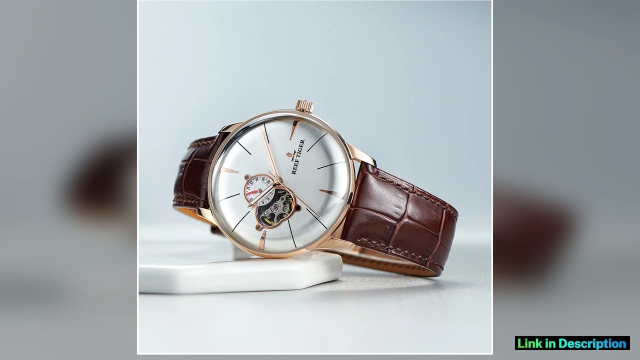 Reef Tiger RT Rose Gold Luxury Casual Watch Genuine Leather Strap Tourbillon Convex Lens Mens Fashi
