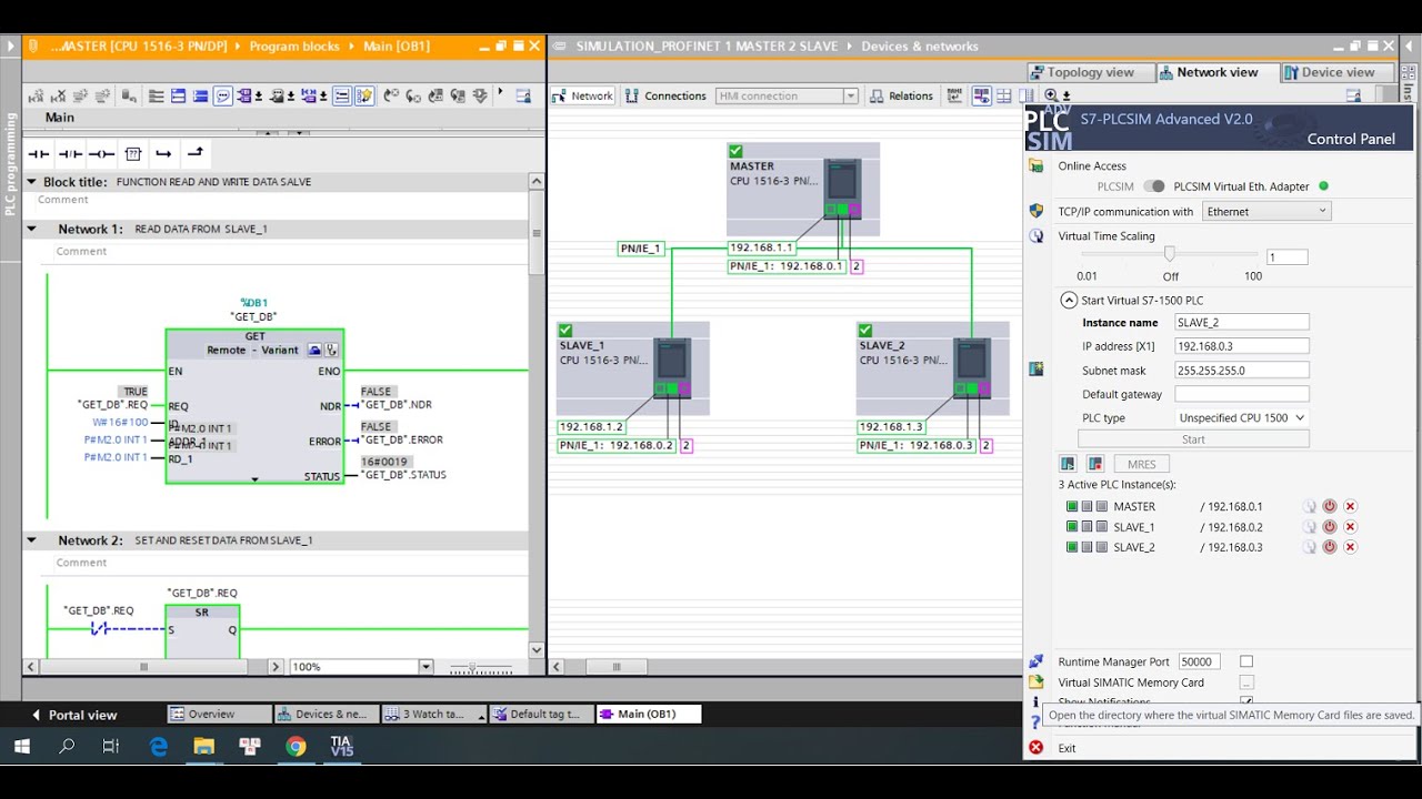 Simulation PUT/GET Connect 1 Master Link to 2 Salve PLC S71500 TIA Portal PLCSIM Advance Part5