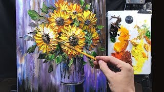 How to paint sunflowers in a vase in acrylic using  palette knife