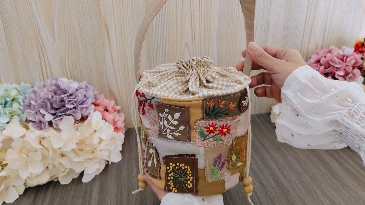 Сумка с круглым дном из остатков ткани — Круглая сумка с вышивкой — Цилиндрическая сумка